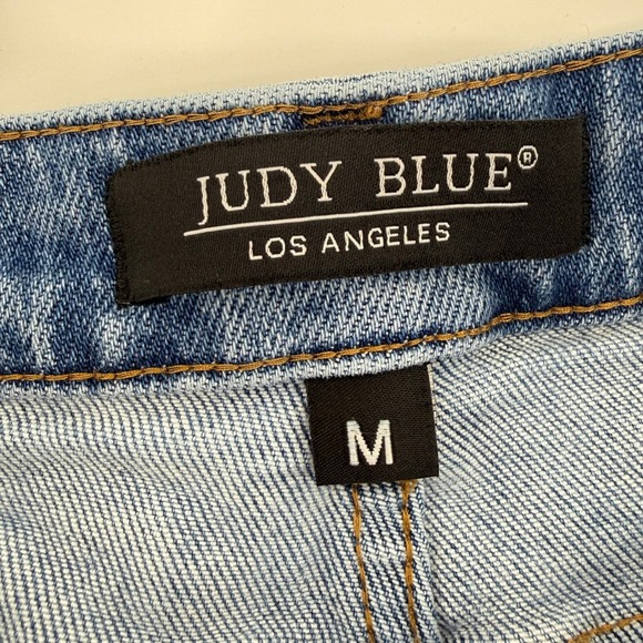 Judy Blue Distressed Denim Shorts Women's M Lemon Print Patches Frayed Hem Blue - Picture 3 of 10